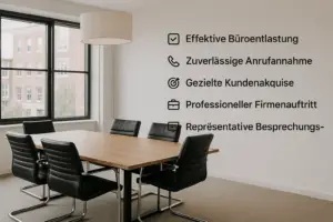 Moderner Konferenzraum mit großem Holztisch und schwarzen Lederstühlen in einem hellen Bürogebäude, daneben auf der Wand sechs aufgelistete Vorteile des Büroservice Strate wie „Effektive Büroentlastung“ und „Zuverlässige Anrufannahme“ – ideal für Geschäftskunden, die professionelle Büro- und Telefonservices suchen.